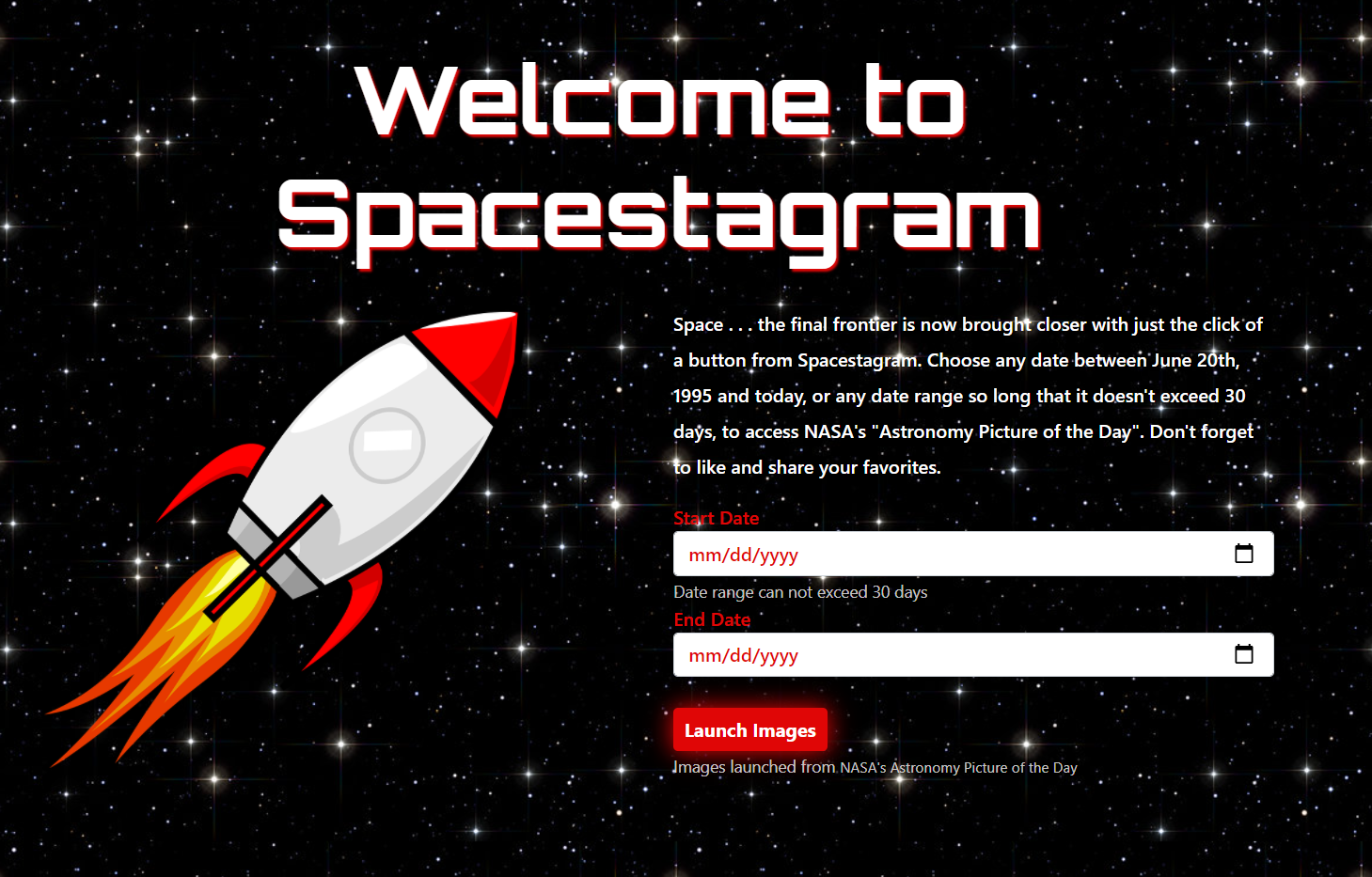 Screen Shot of Spacestagram Site